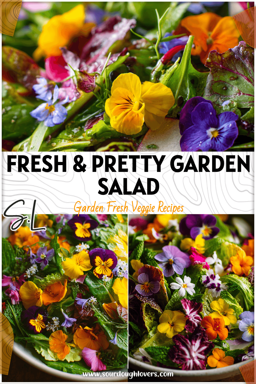 Colorful bowl of Fresh Spring Garden Salad with greens, herbs, and edible flowers for a Garden Party Salad display